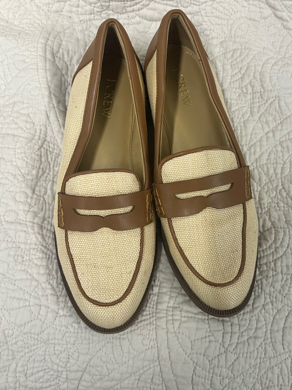 J. Crew Cream Canvas and Brown Leather Penny Loafers